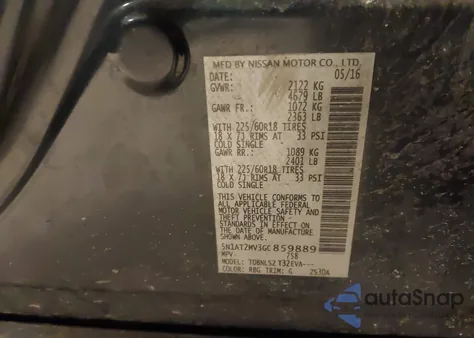 2016 Nissan Rogue Sl z USA, uszkodzony, nr VIN 5N1AT2MV3GC859889